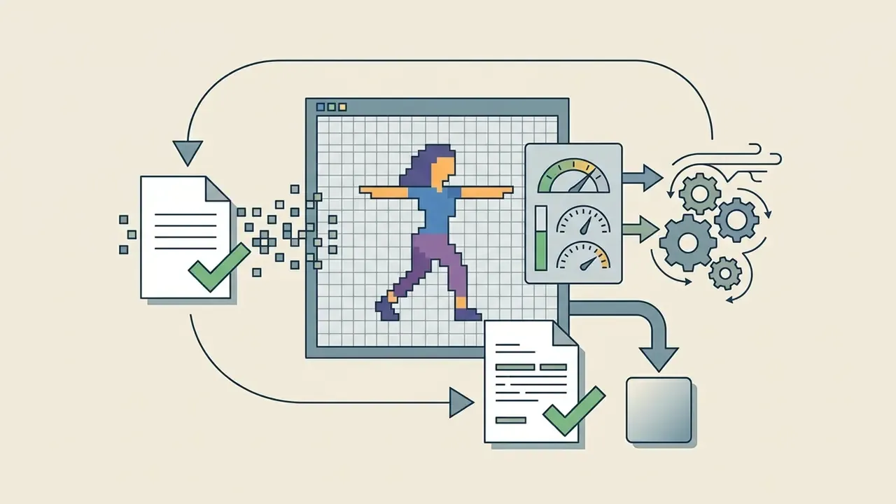 Pixel art character on a grid connected to technical gauges, gears, and document processing icons