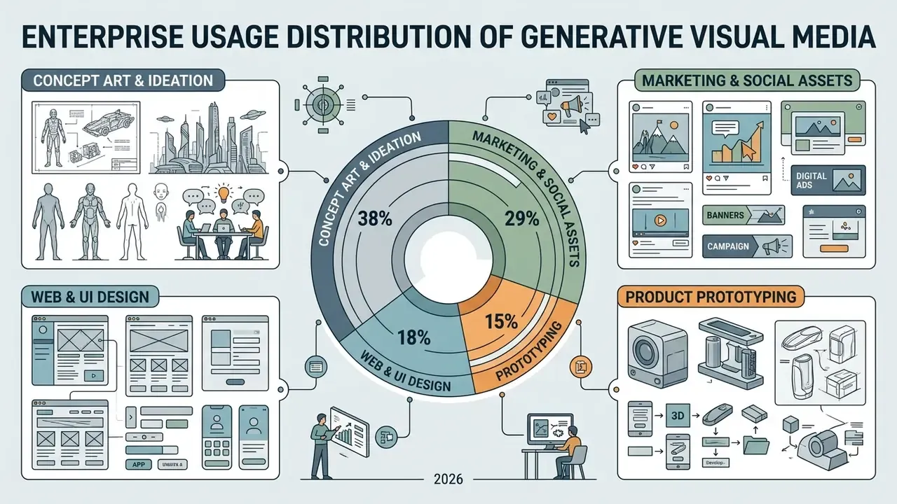 Donut chart showing enterprise usage percentages for concept art, marketing, web design, and prototyping