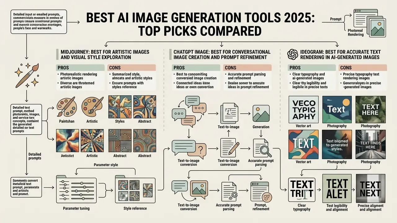 Infographic comparing Midjourney, ChatGPT, and Ideogram for artistic, conversational, and text-based AI imagery