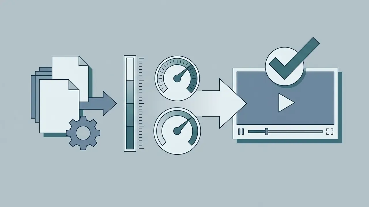 Documents and a gear icon feeding into a vertical bar, two gauges, and a video player with a checkmark