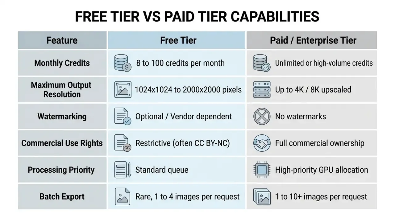 Table comparing features like credits, resolution, and usage rights between free and paid AI tiers