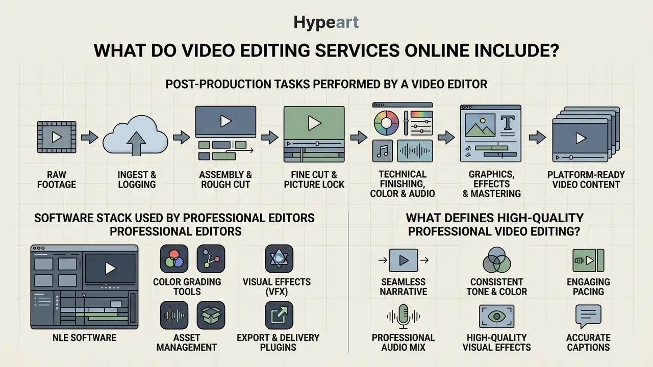 Flowchart detailing post-production stages, software tools, and quality standards for video editing services
