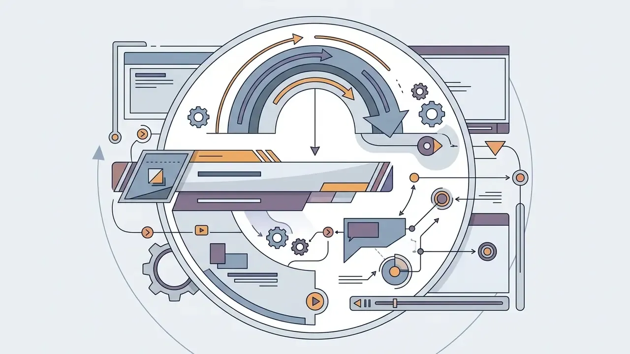Circular graphic showing motion design elements like lower thirds and callout icons connected by arrows