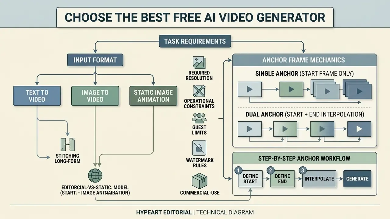 Decision tree mapping input formats and anchor frame mechanics for AI video generation workflows