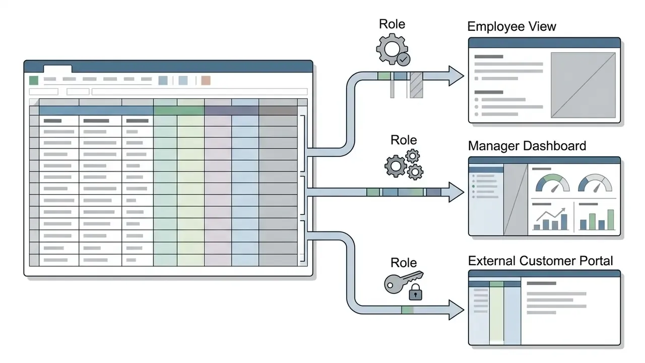 Spreadsheet data flowing through role-based filters into distinct employee, manager, and customer views