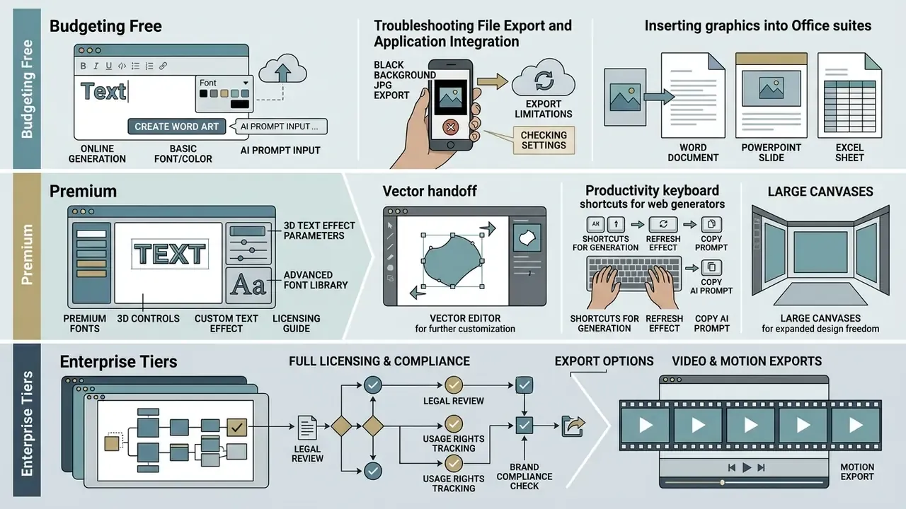 Infographic showing troubleshooting, file integration, vector handoff, and export workflows for word art