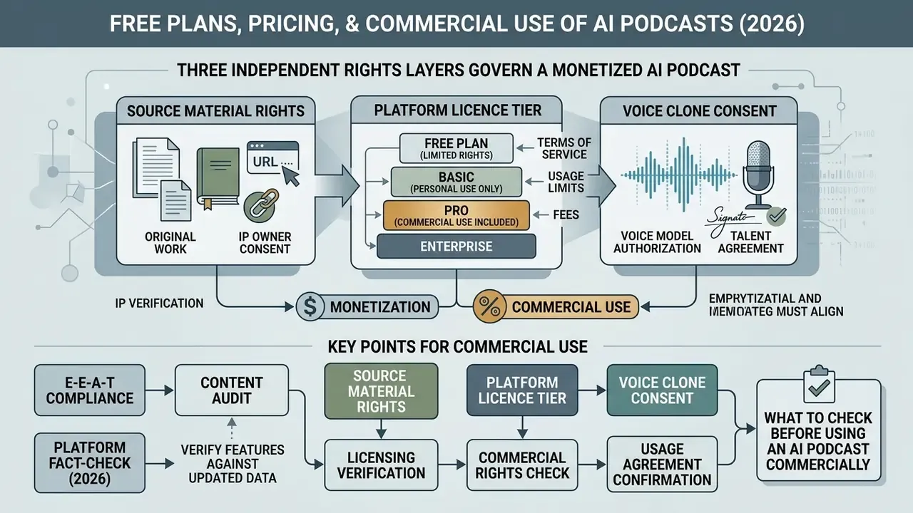Infographic showing the three rights layers and compliance steps for commercial use of an AI podcast