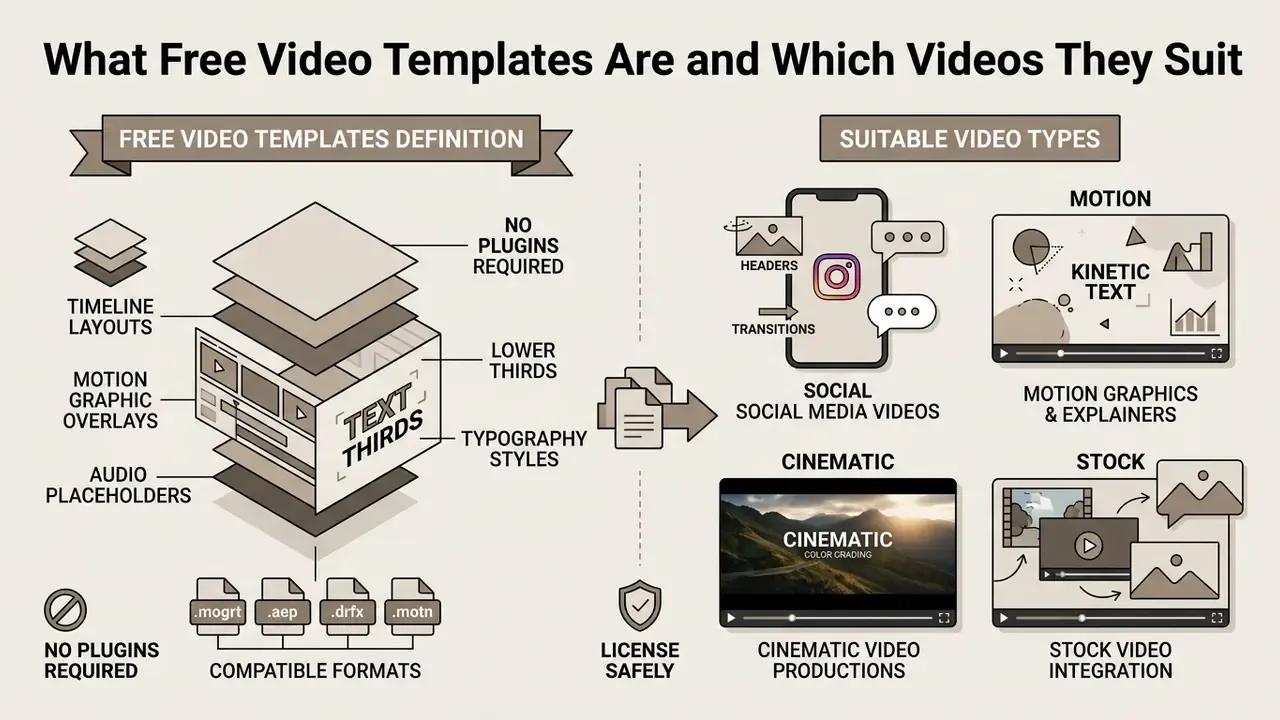 Infographic showing components of a free template video and examples of suitable video categories
