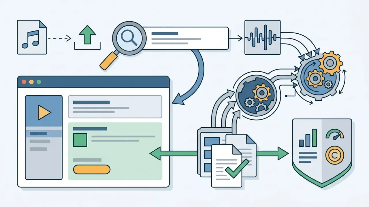 Diagram showing a search bar for audio files connecting to processing gears and a browser interface