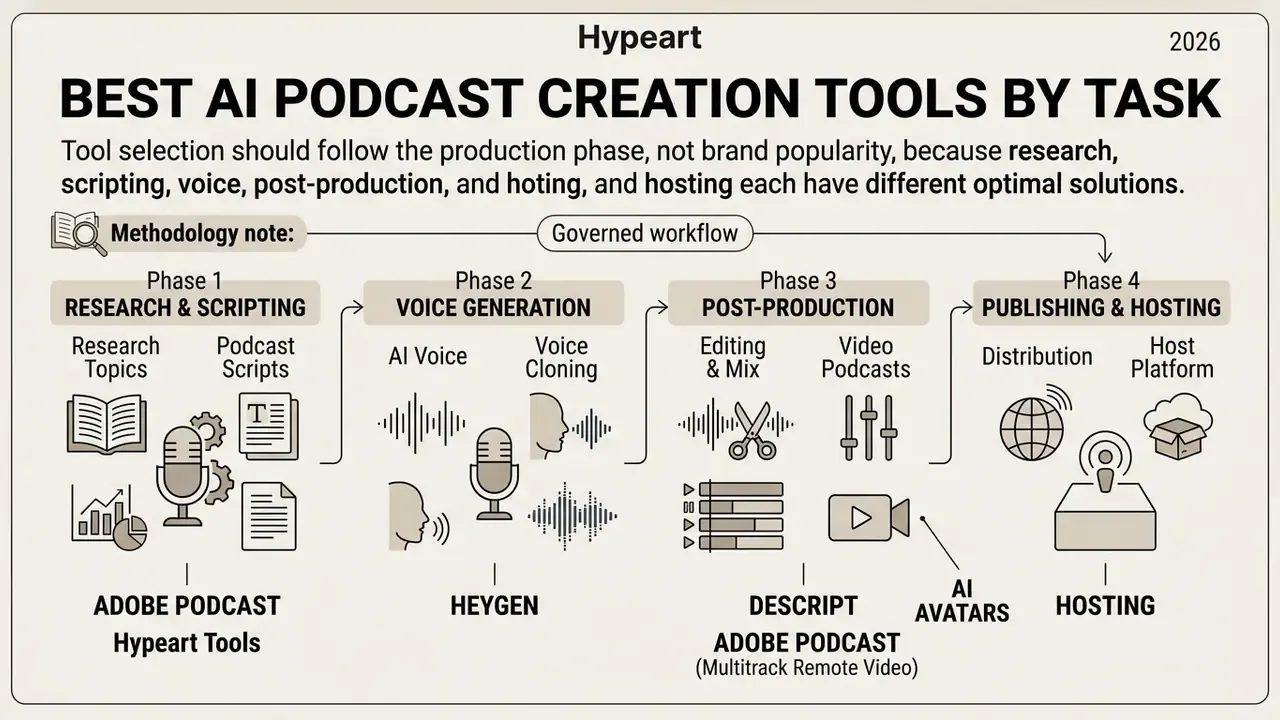 Categorized workflow chart mapping specific software tools to four distinct stages of podcast production