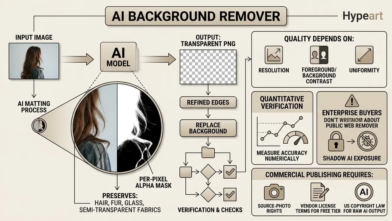 Flowchart showing how an AI model generates a per-pixel alpha mask to remove image backgrounds