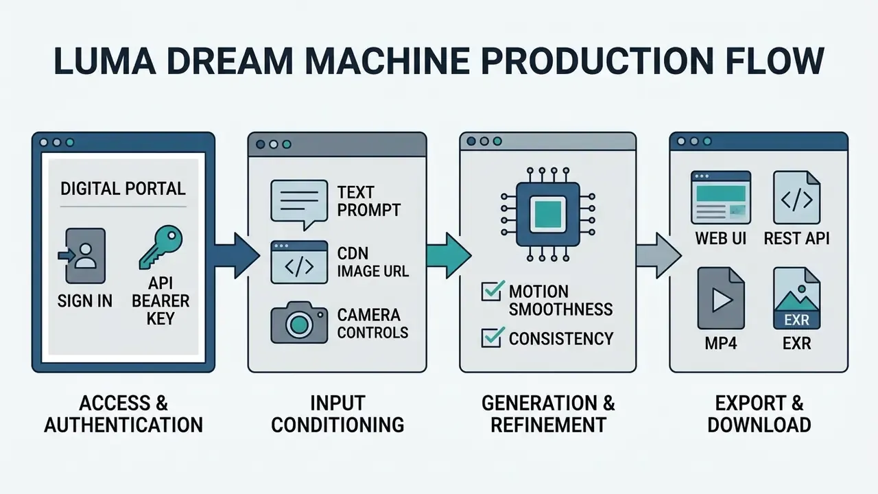 Four sequential steps for the Luma Dream Machine production flow from authentication to final export