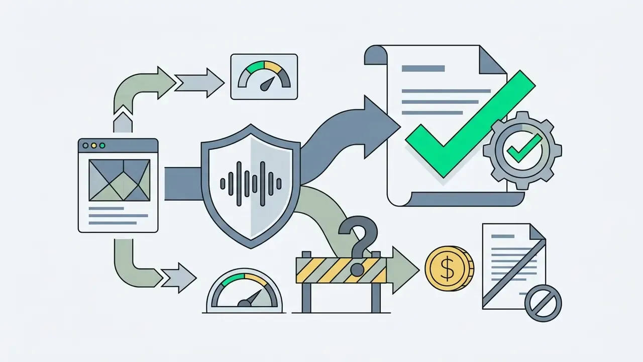 Shield icon with sound waves directing data flow toward a checked legal form or a blocked financial barrier