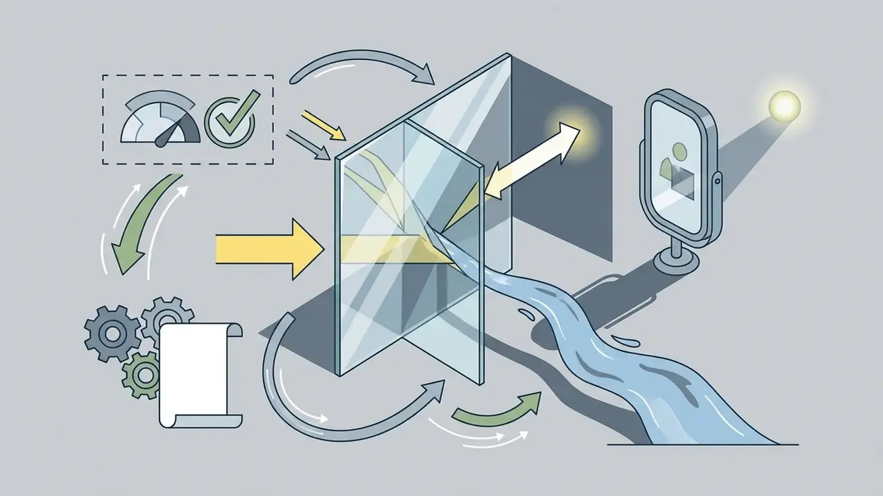 Light rays passing through glass panels and reflecting off a mirror to illustrate inconsistent optics