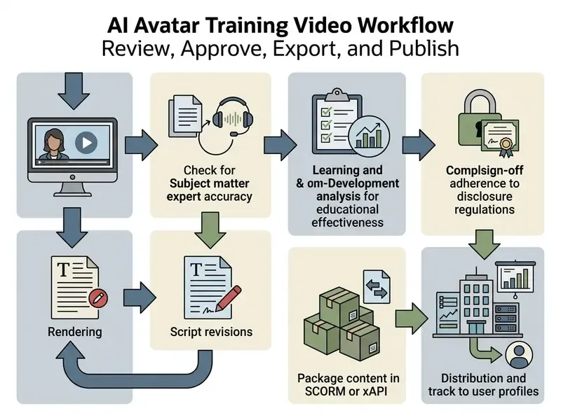 Process flow chart detailing the stages of video review, script editing, compliance checks, and final deployment