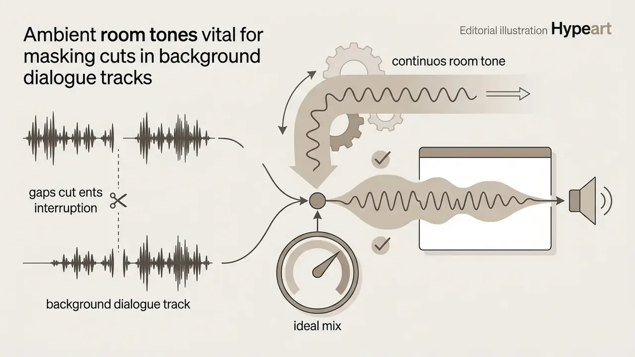 Audio waveforms merging with continuous room tone to smooth out gaps in a dialogue track
