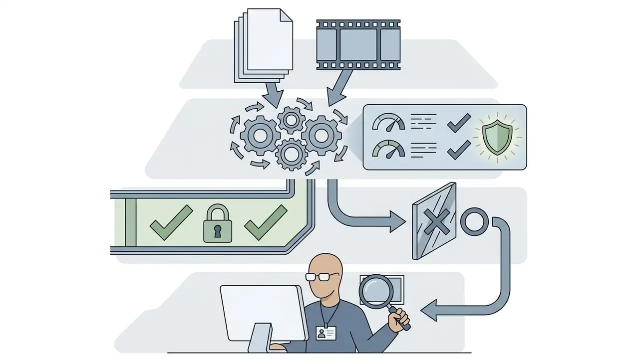 Automated scanning system filtering content before routing flagged items to a human reviewer