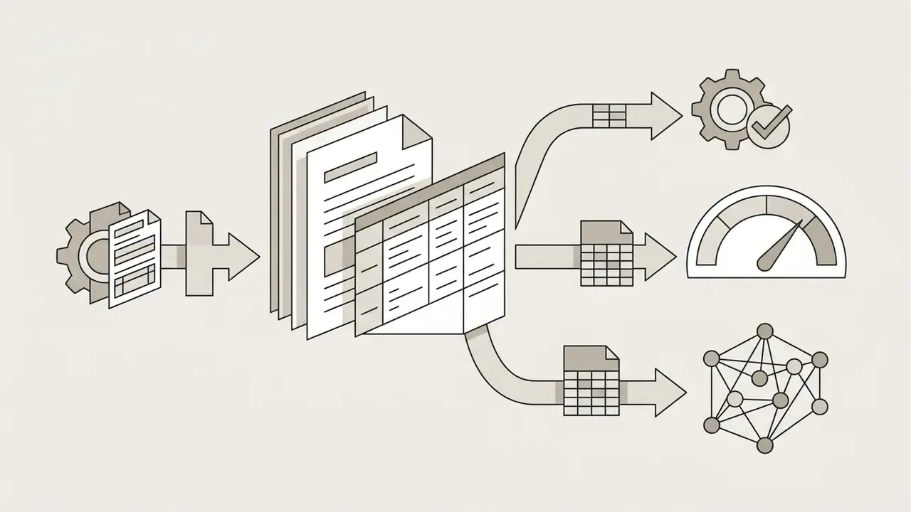 Documents and tables being processed into structured data formats, performance metrics, and network nodes