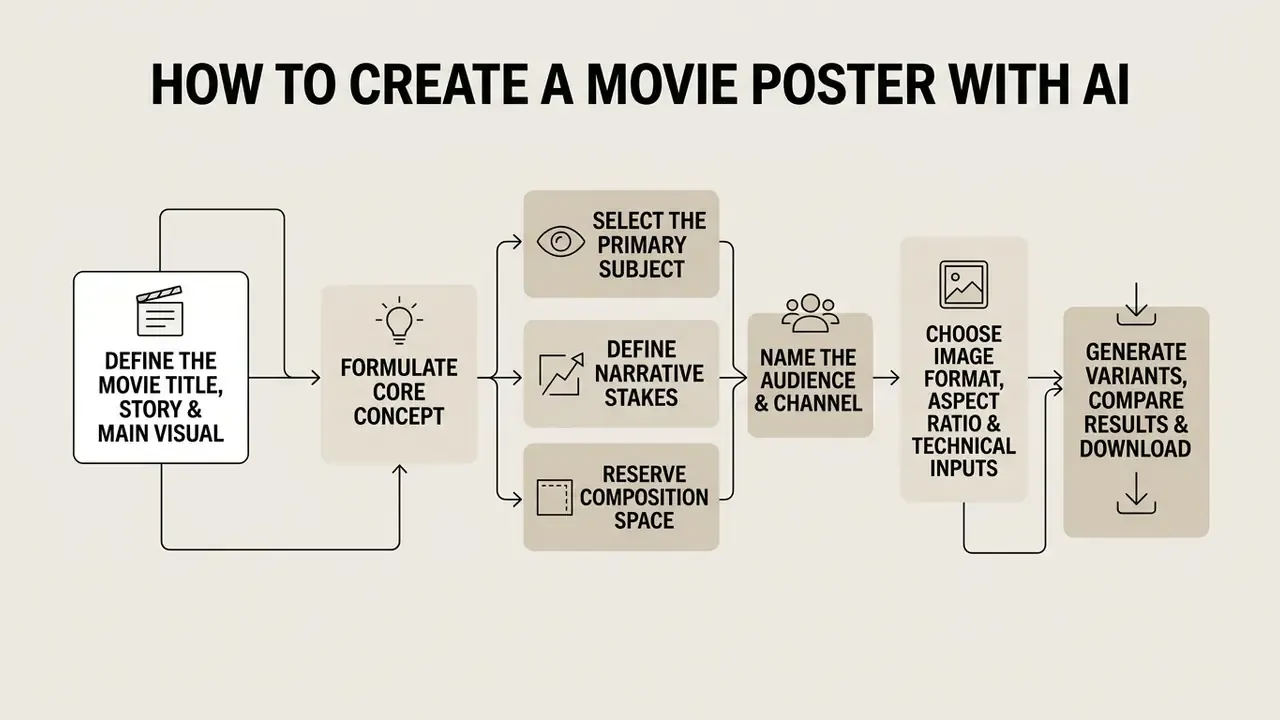 Flowchart outlining the sequential steps to create a movie poster with AI from concept to final export