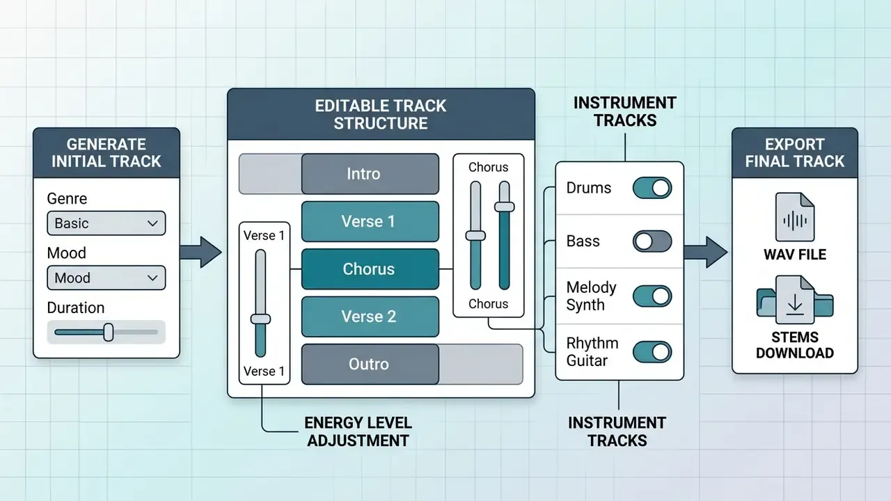 Step by step workflow showing track generation, structural editing, instrument toggles, and WAV export