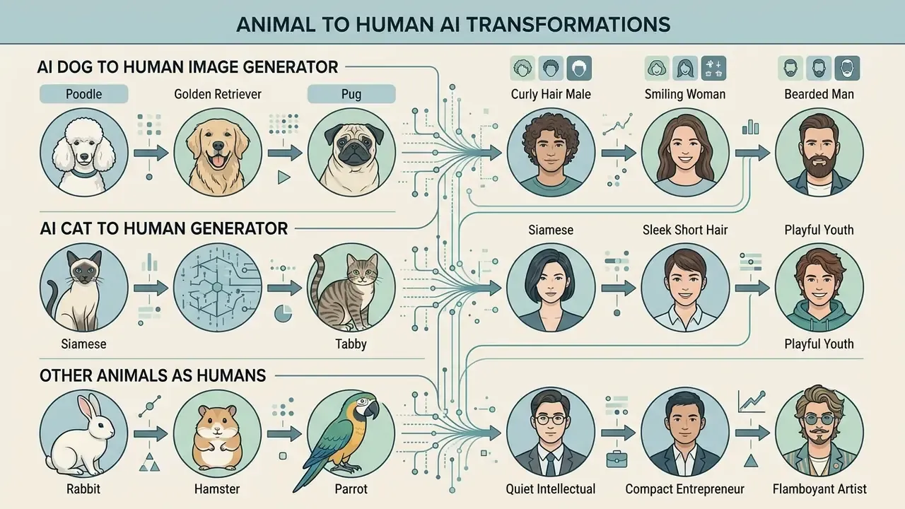 Comparative infographic showing various animal species being processed into diverse human character types