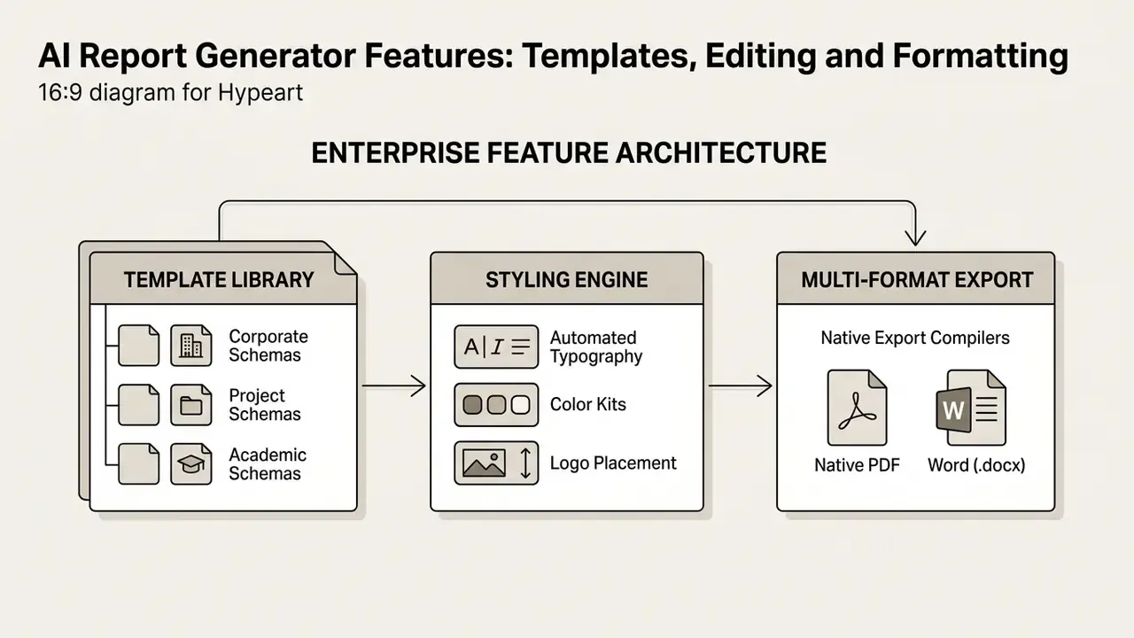 Diagram showing the flow from a template library to a styling engine and finally to multi-format exports