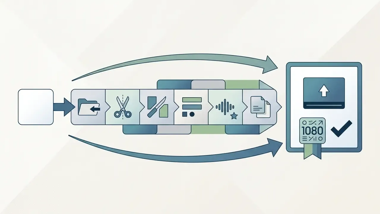 Sequence of editing icons representing file import, trimming, splitting, text, music, and final 1080p export