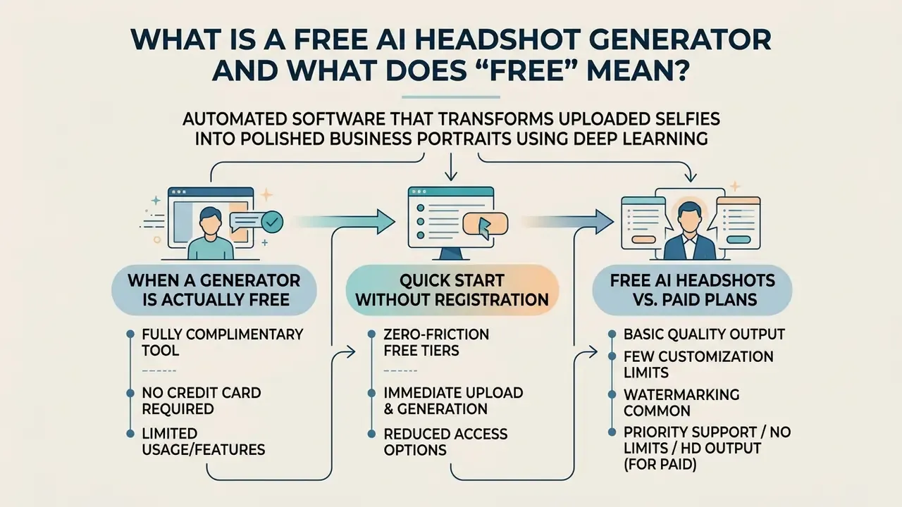 Infographic showing how a free AI headshot generator works through three stages of access and features