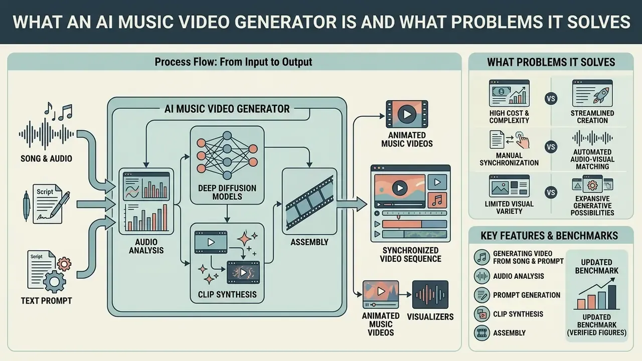 Infographic showing how audio and text inputs are processed by deep diffusion models into music videos