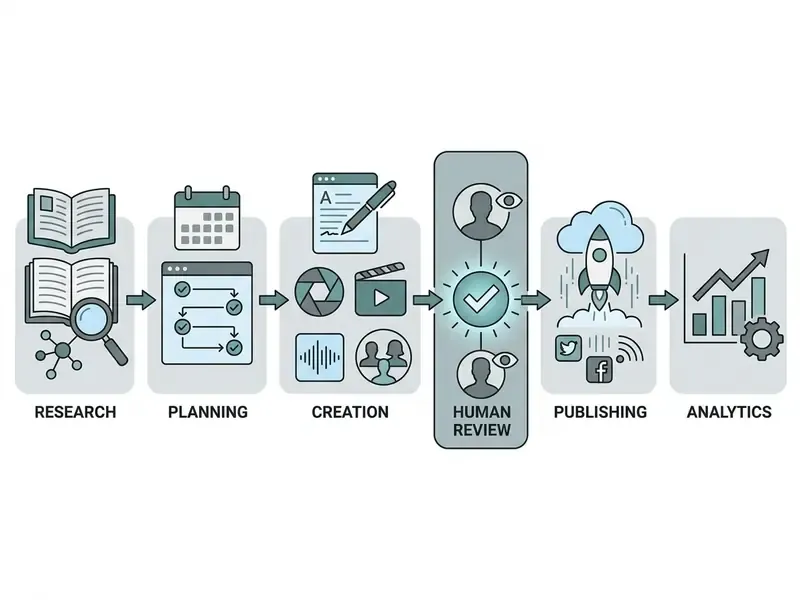 Linear progression of AI content creation tools from research and planning through review to analytics