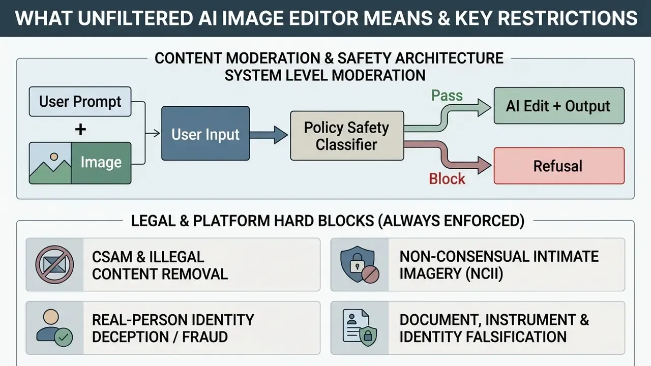 Workflow showing a safety classifier filtering user inputs and a list of enforced legal content blocks