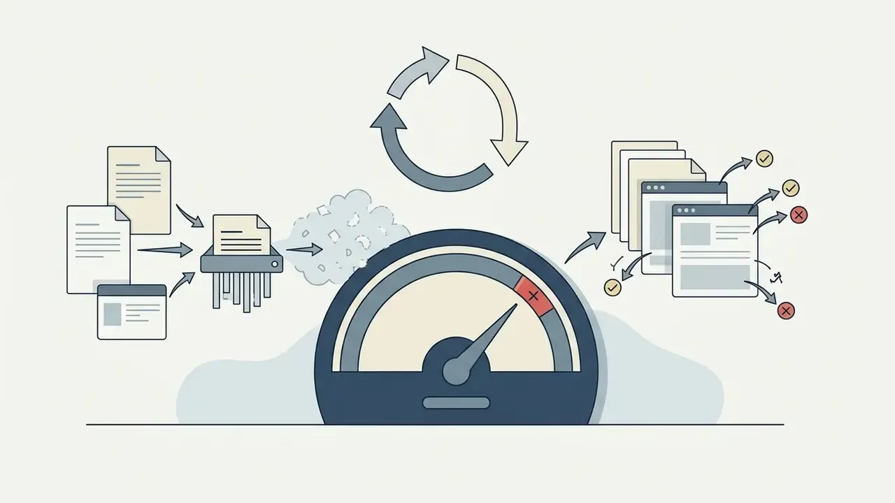 Documents feeding into a shredder and gauge with arrows pointing to processed files and status icons