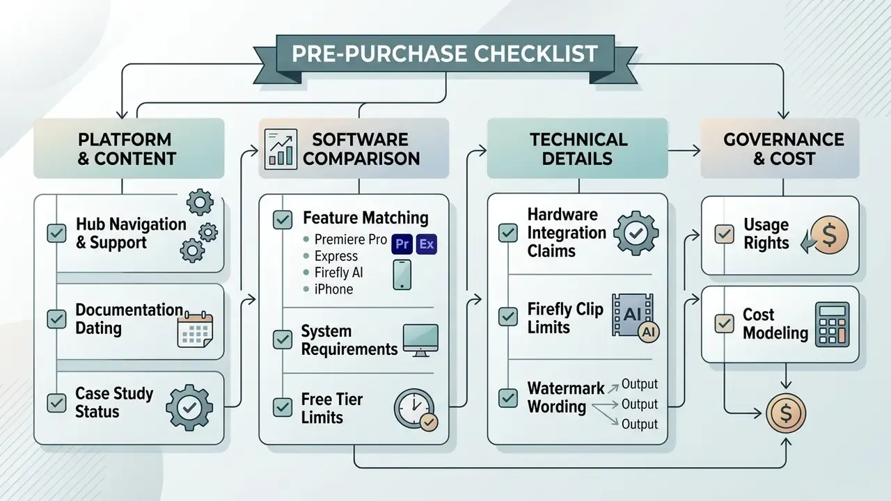 Four-column flowchart outlining a pre-purchase checklist for software evaluation and cost modeling