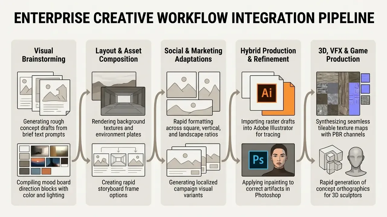 Five-stage process diagram outlining the integration of AI tools into professional creative workflows