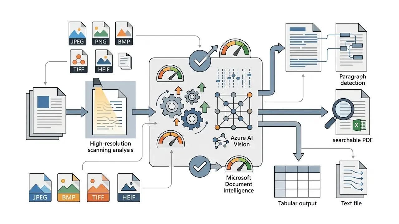 System architecture diagram showing document inputs processed by Azure AI into structured digital outputs