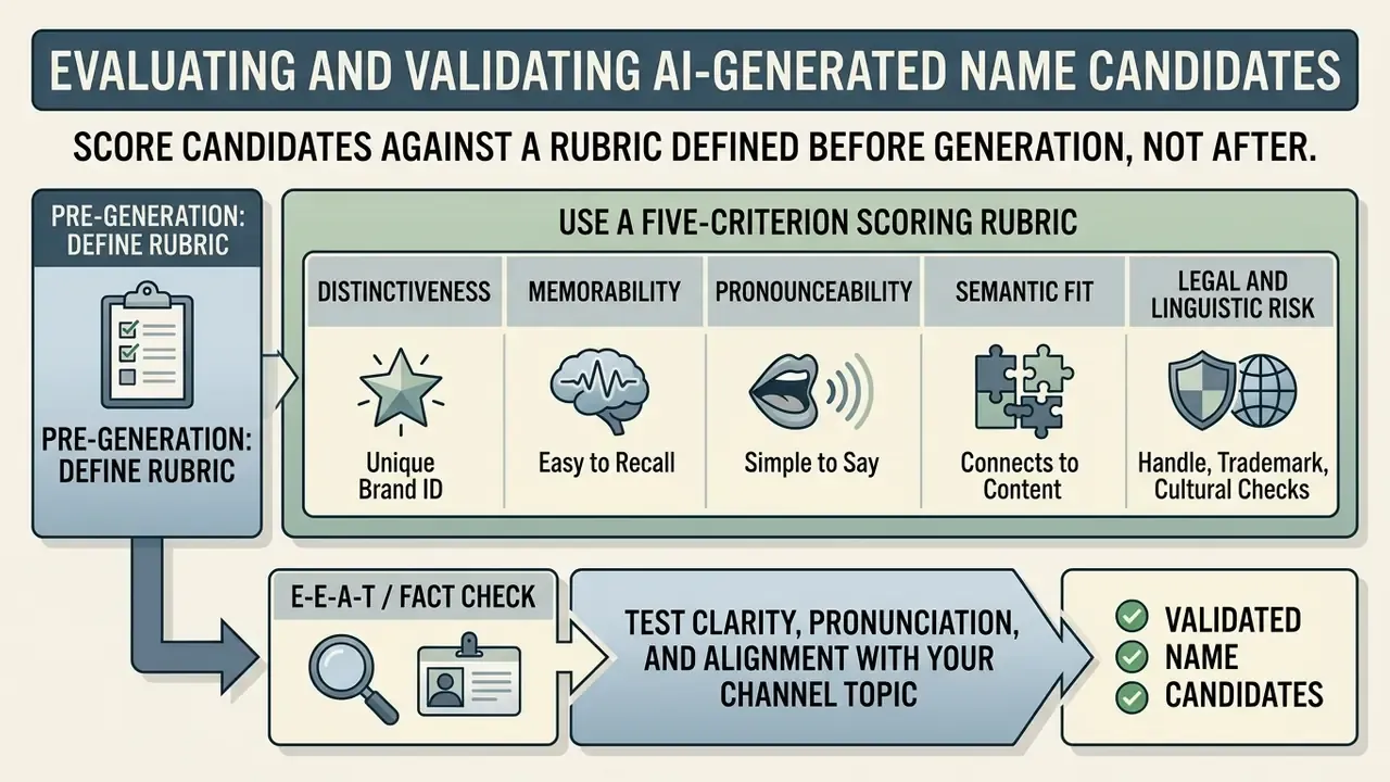 Five-criterion scoring rubric for checking brand distinctiveness, memorability, and legal risks