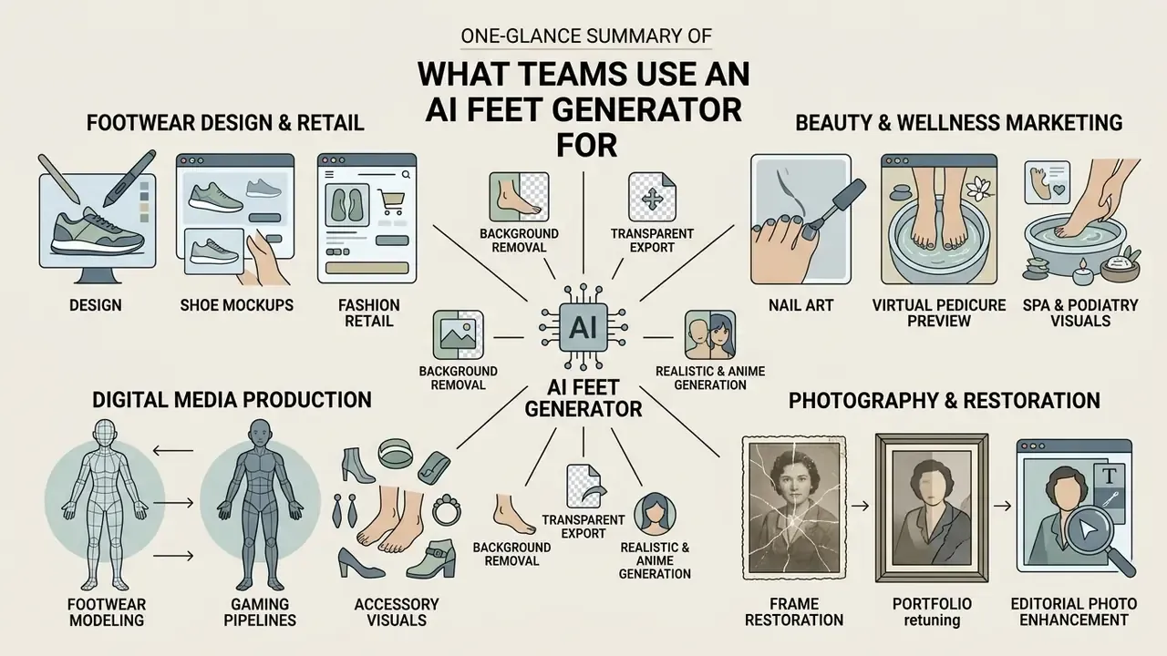 Infographic mapping commercial applications for synthetic foot imagery across design and media industries