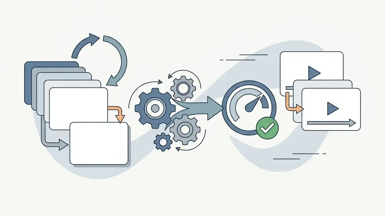 Stack of slides moving through gears toward a speedometer icon to verify video playback performance
