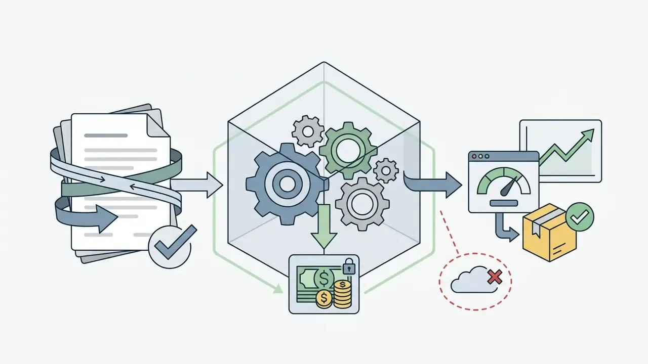 Document processing through a gear system to generate financial outcomes and performance metrics