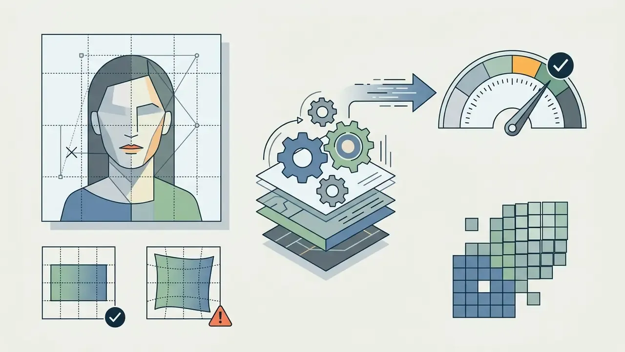 Face geometry analysis with gears, a performance gauge, and pixel grid alignment checks
