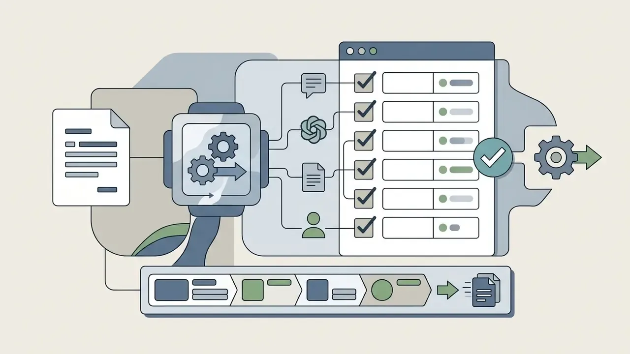 Document and model icons feeding into a checklist interface that outputs a finalized process record