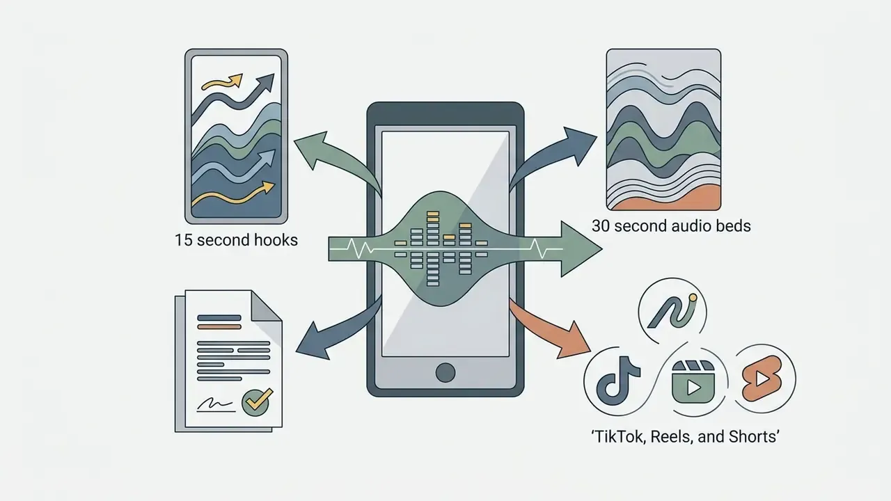 Smartphone centralizing audio waves to create short social media hooks and background music tracks