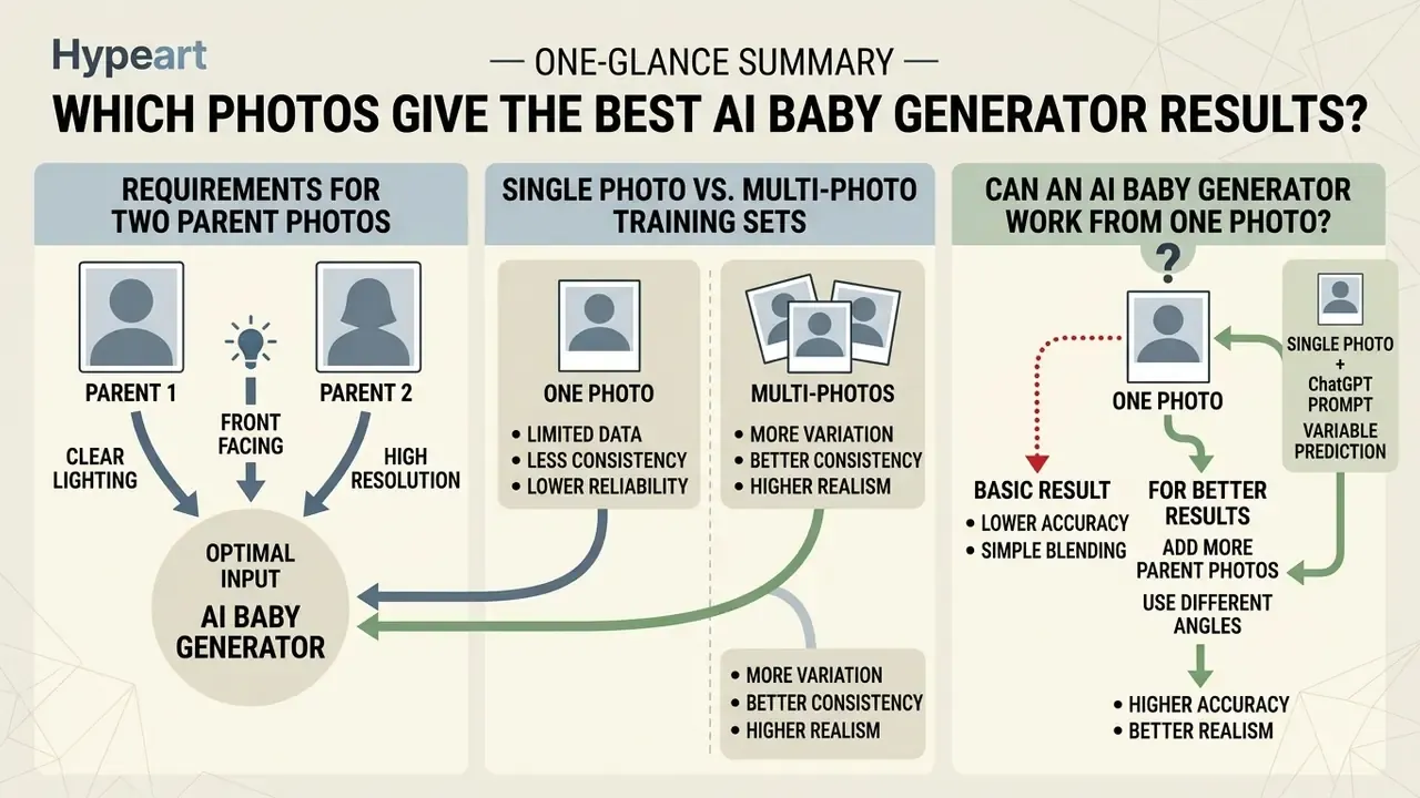 Infographic comparing photo requirements and training set sizes for an AI baby generator