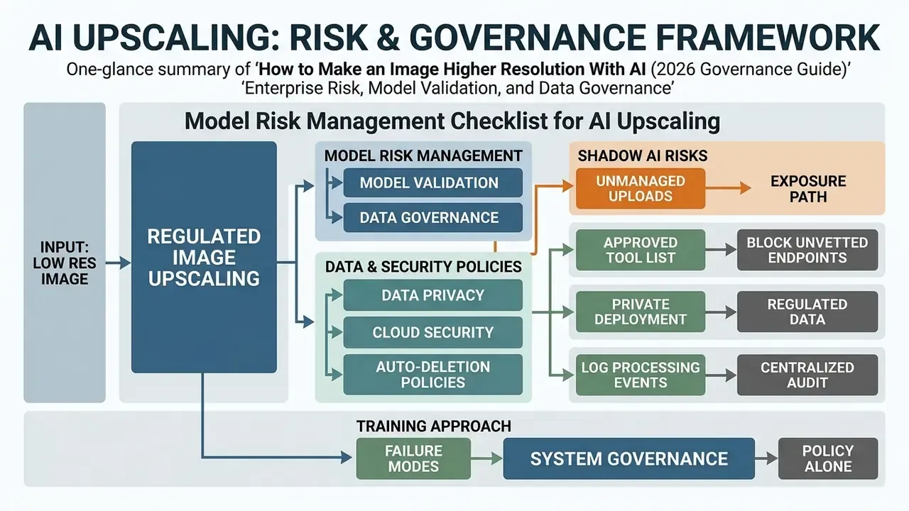 Framework diagram mapping AI upscaling workflows to risk management, security policies, and audit controls