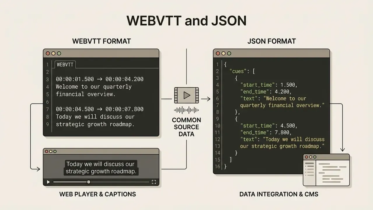 Comparison of WebVTT and JSON code structures derived from the same source video caption data