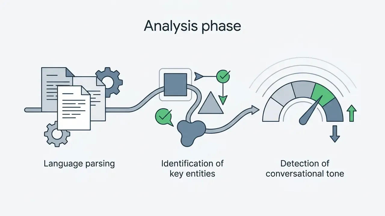 Icons representing language parsing, entity identification, and a gauge measuring conversational tone