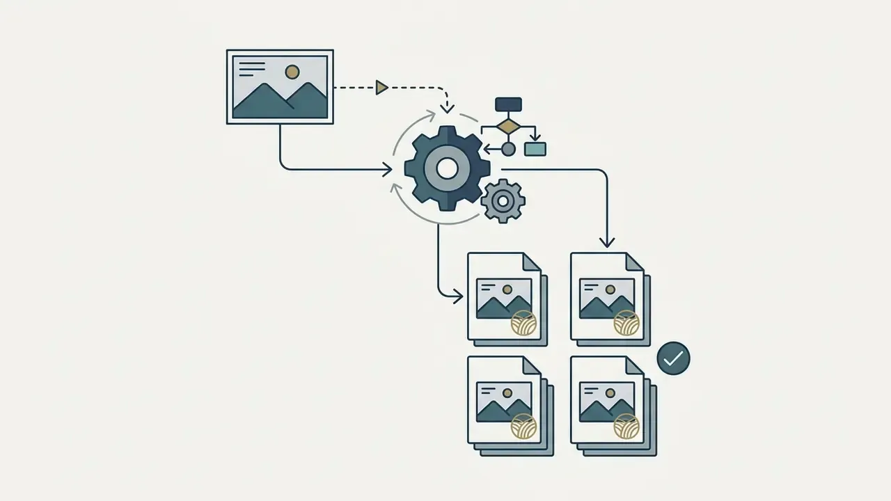 Single image entering a gear system that applies watermarks to multiple output files for a photo editor for Mac