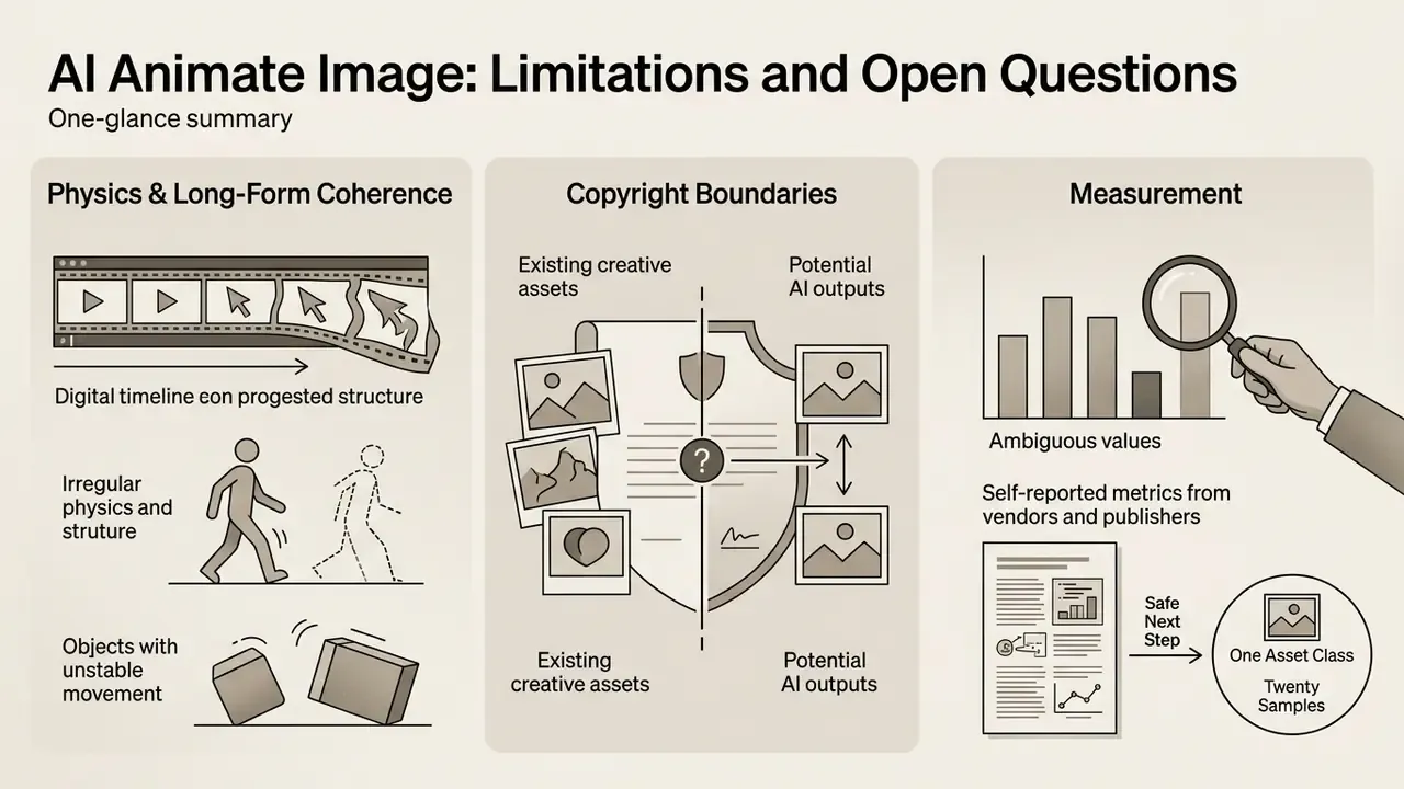 Infographic summarizing challenges in physics, copyright boundaries, and measurement of generated media
