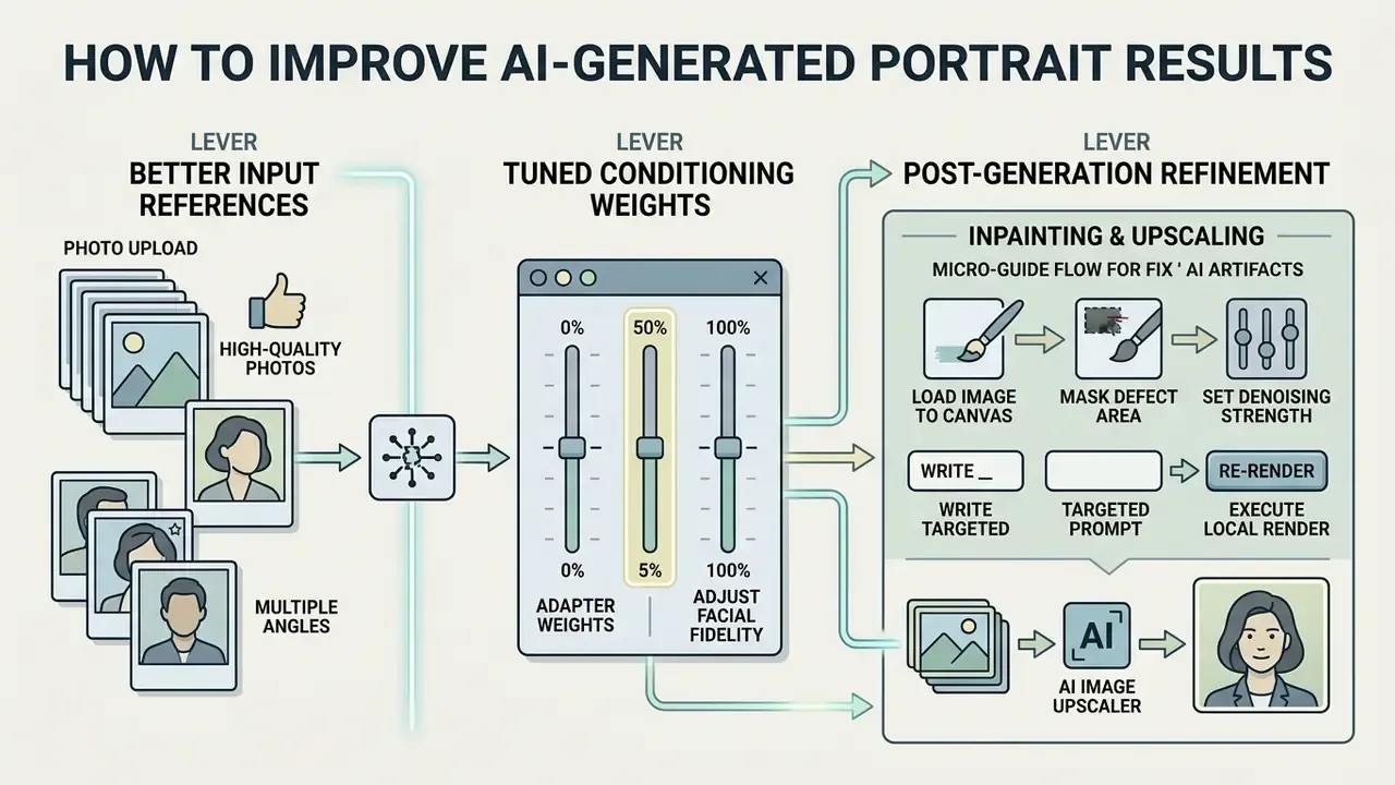 Three-step process using input references, weight adjustments, and inpainting to refine AI-generated portraits