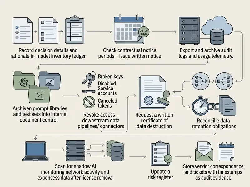 Process map detailing steps for decommissioning AI software including data archival and access revocation